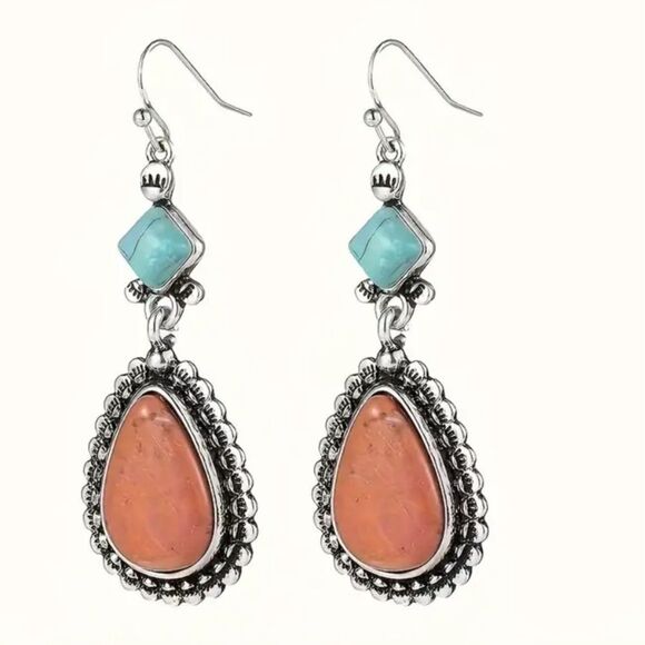 🔅🆕🔅 BoHo Vintage Silver Plated Coral Turquoise Decor Stones Drop Earrings✨ - Picture 5 of 13